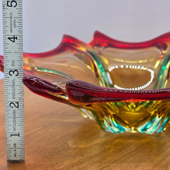 MCM 60s Murano Hand-Blown Glass Bowl Red Amber Teal Sommerso Starburst 10 inch - Picture 2 of 8